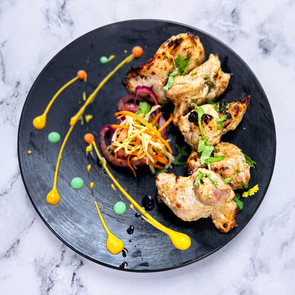 Grilled chicken pieces with fresh cilantro, red onion, and shredded vegetables on a black plate.