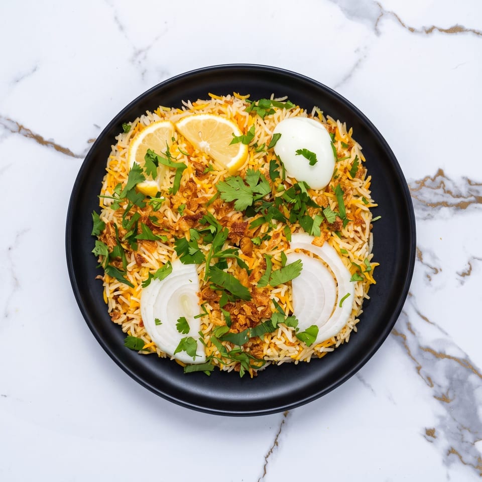 Biryani rice with lemon, cilantro, fried onions, and a hard-boiled egg on a black plate.